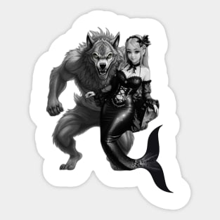 Black and White Mermaid and Werewolf Boyfriend Sticker